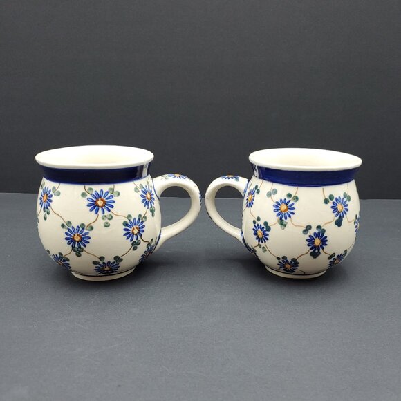 Polish Pottery Aster Trellis Mugs Made in Poland Blue Daisy Bubble Mugs - Picture 4 of 10